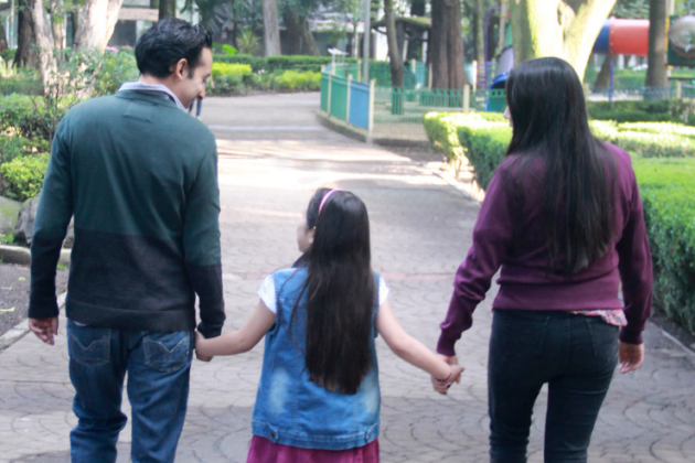 Family holding hands and walking in a part.