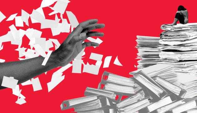 Graphic of hand ripping up documents.